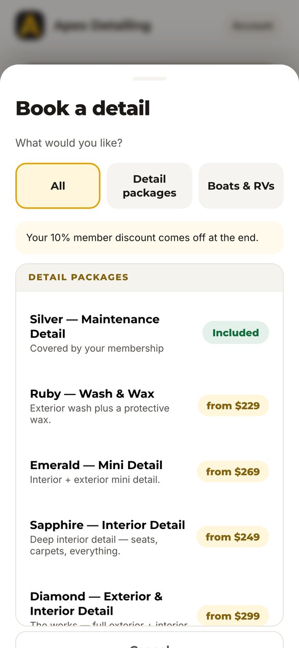 Booking screen: the shop's full service menu with prices, one tap to pick one.