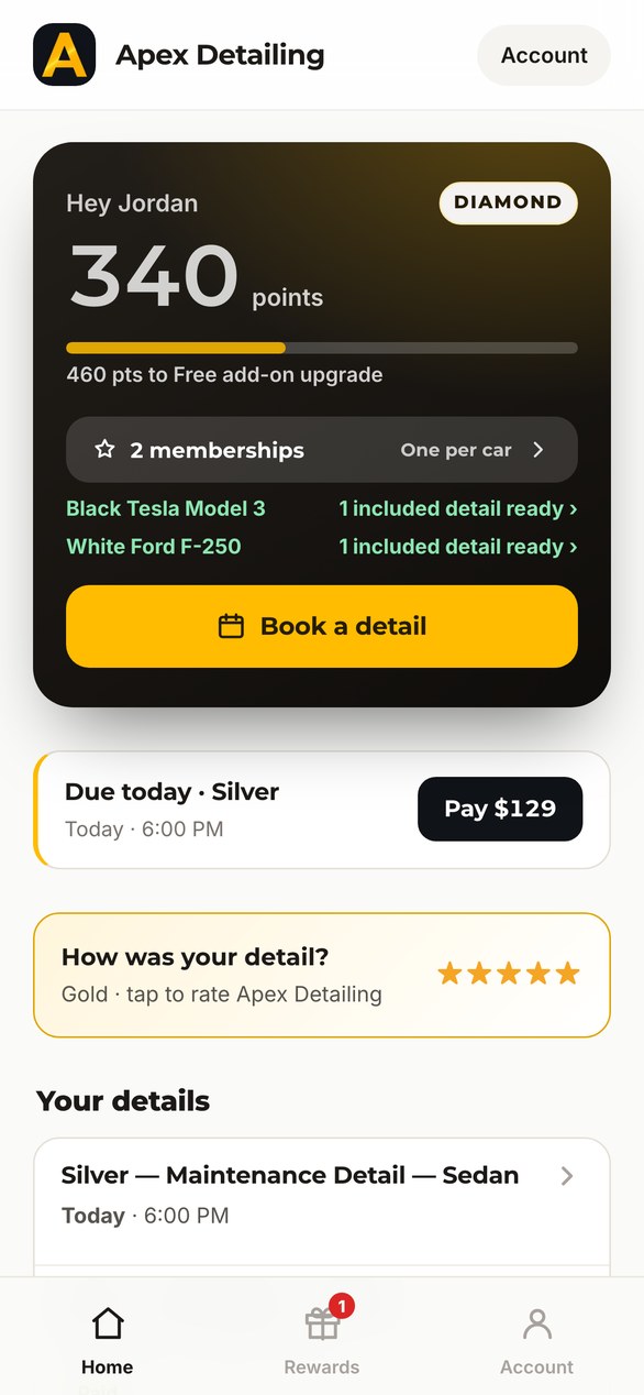 The customer's home screen: their points, their cars, and a Book a detail button.