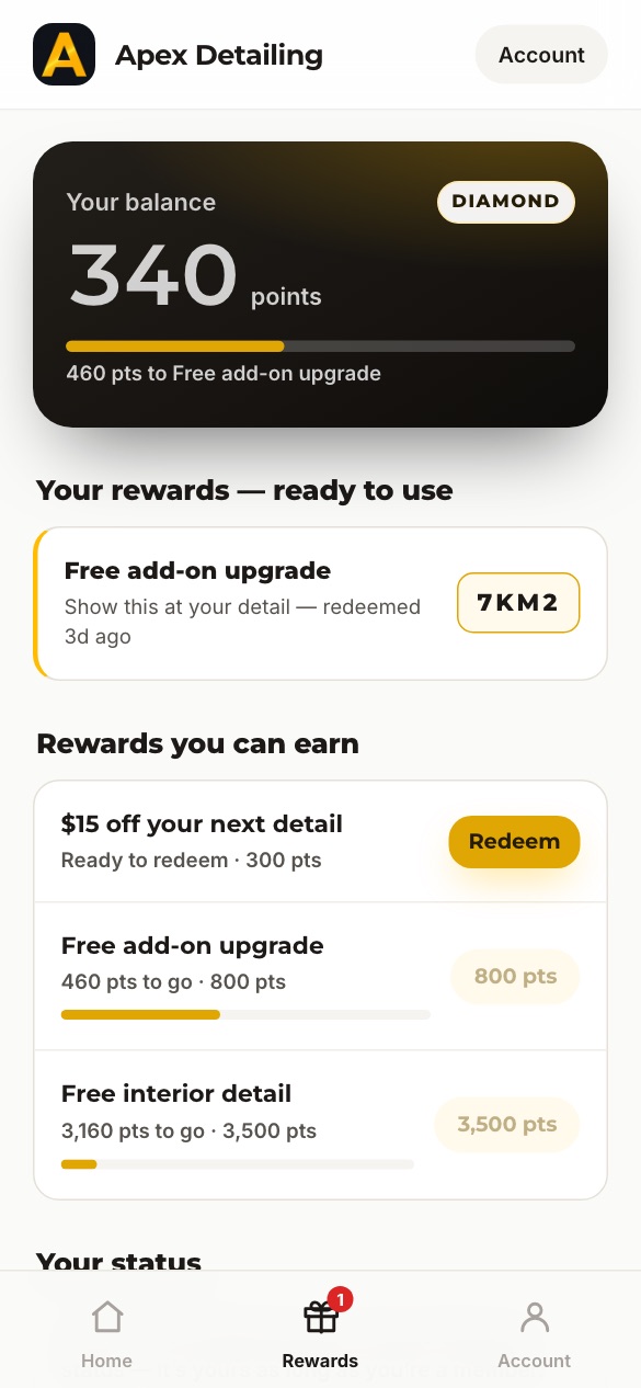 A customer's rewards: 340 points and the rewards they can earn next.