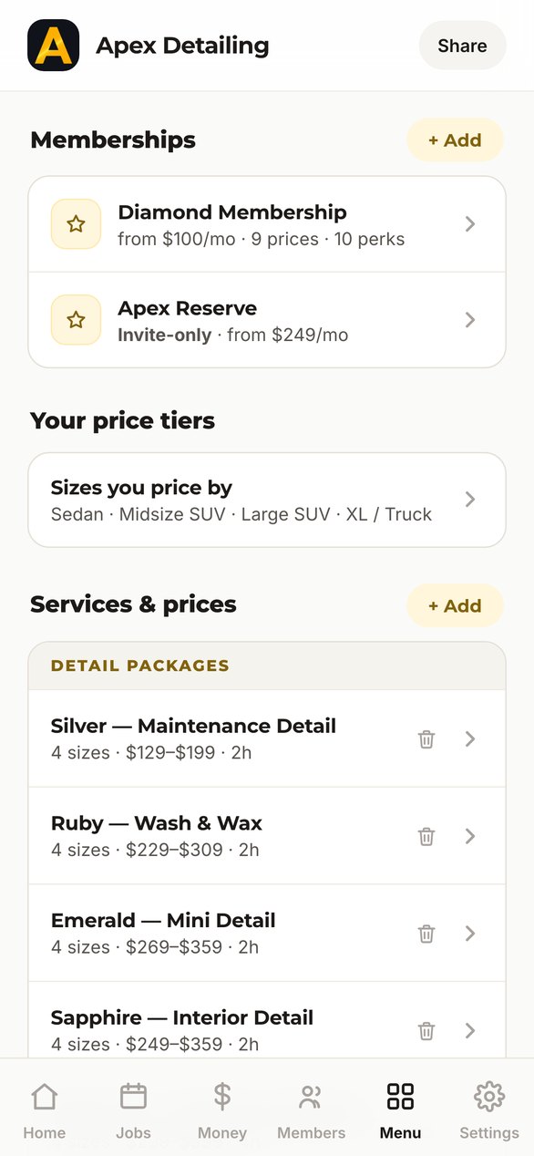 Owner setup: membership plans, price tiers by vehicle size, the full menu.